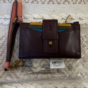 Leather Wristlet Phone Wallet - Burgundy with Multicolor Card Slots
